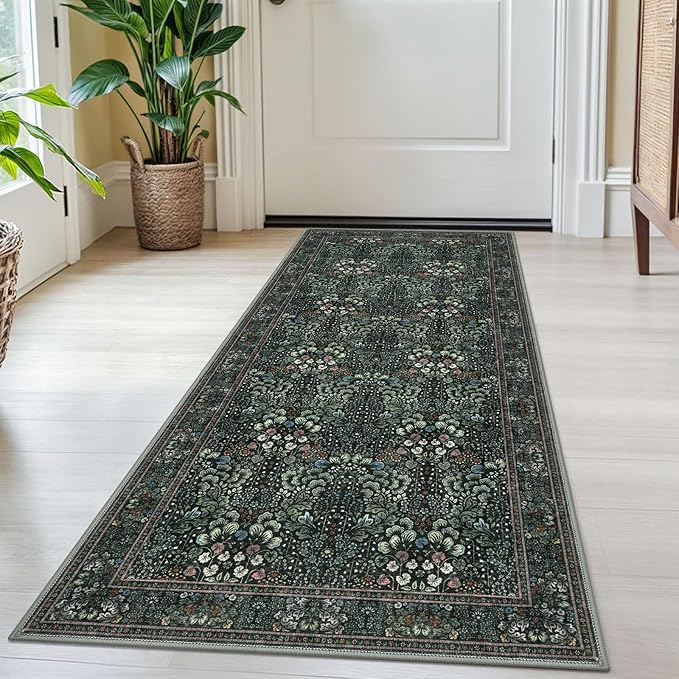 2x5 Modern Runner Rug for Hallways, Dark Green Super Soft Hallway Decor Kitchen Rugs with Non-Slip, Non-Shedding Washable Rug for Hallways Entryway Bedroom Indoor