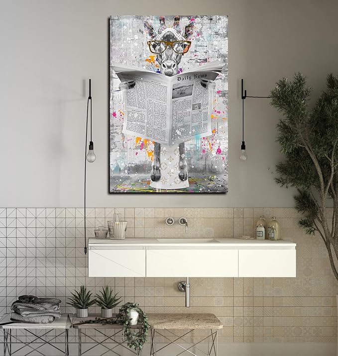 GUGIKA Giraffe Wall Art for Bathroom, Funny Graffiti Animal Picture Aesthetic for Bedroom, Black and White Wall Decor for Living Room, Big Restroom Decor, 24x36 Inch