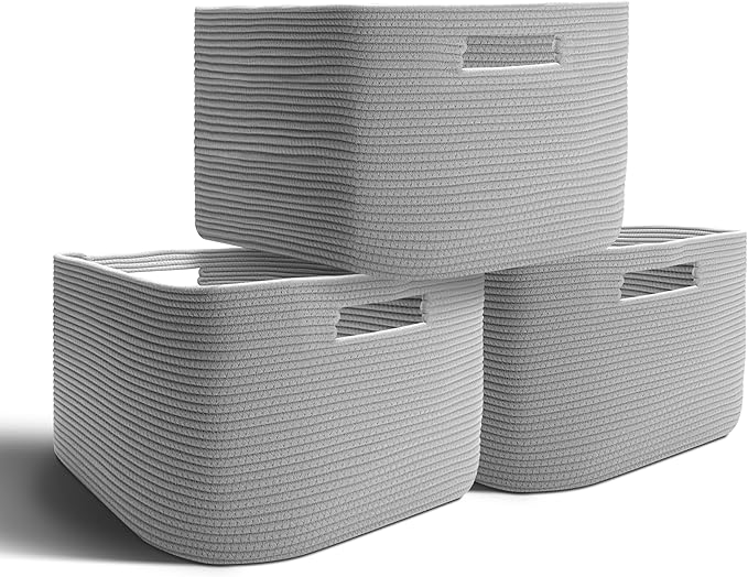 Fabric Bins Cube, 3 Pack Storage Cubes Organizer for Toy, Closet, Foldable Baskets for Shelves, Rope Baskets with Handles, 15''Lx10''Wx9''H