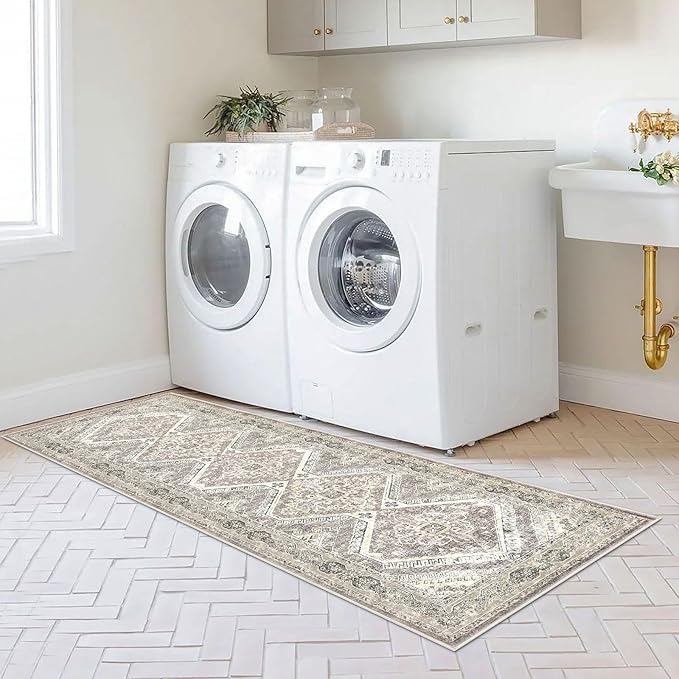 KUTA Oriental Washable Runner Rug, 2x6 Non-Slip Vintage Ivory Grey Yellow Brown Hallway Kitchen Runners Ultra Soft Printed Distressed Tribal Floor Carpet Rugs for Laundry Bedroom Living Room
