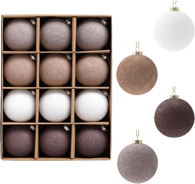 Christmas Ornaments Set 12PCS - 2.4 Inch Textured Shatterproof Vintage Neutral Ball Ornaments for Tree Rustic Farmhouse Decor