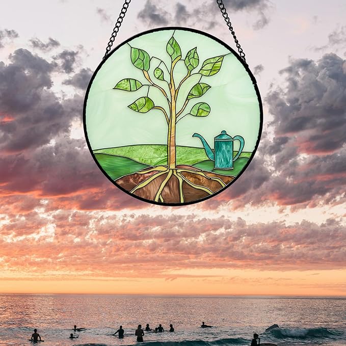 Stained Glass Window Hanging 4 Pcs Set Pink Green Spring Saplings Flowers Large 11.8" - Suncatcher Door Garden Sun Catcher Home Decor Mother's Day for Woman Nana Mom Men