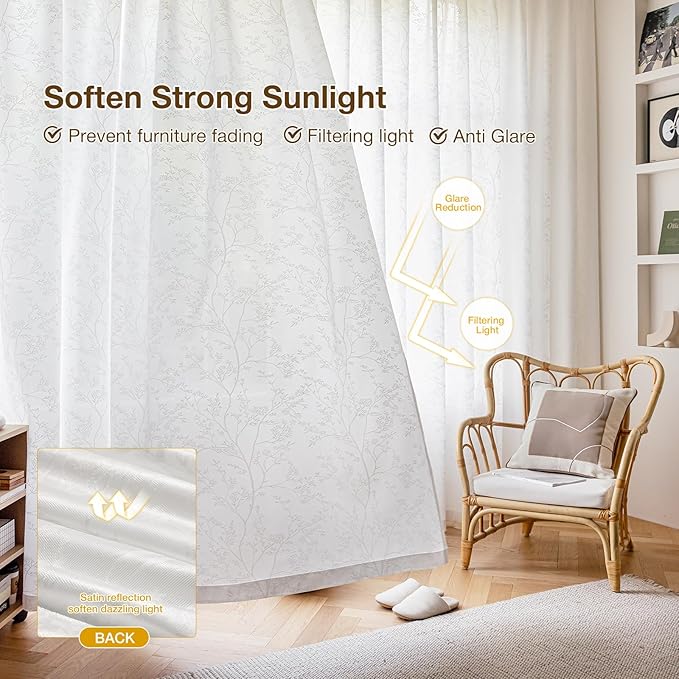 Anmao White Semi Sheer Light Filtering Curtains 102 Inches Long 2 Panels, Branch Pattern Drapes for Living Room Bedroom, Rod Pocket Sheer Window Treatments with Floral Design, 52x102 Inch