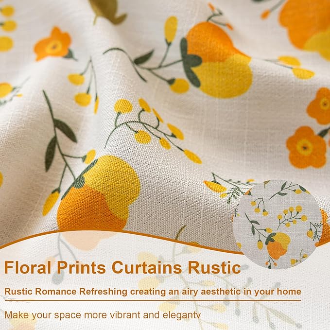 OYX Yellow Boho Pattern Floral Curtains 96 Inch Length 2 Panels for Living Room, Bedroom Light Filtering Drapes, Vintage Country French Tassels Patterned Rod Pocket Aesthetic Decor Window Treatments