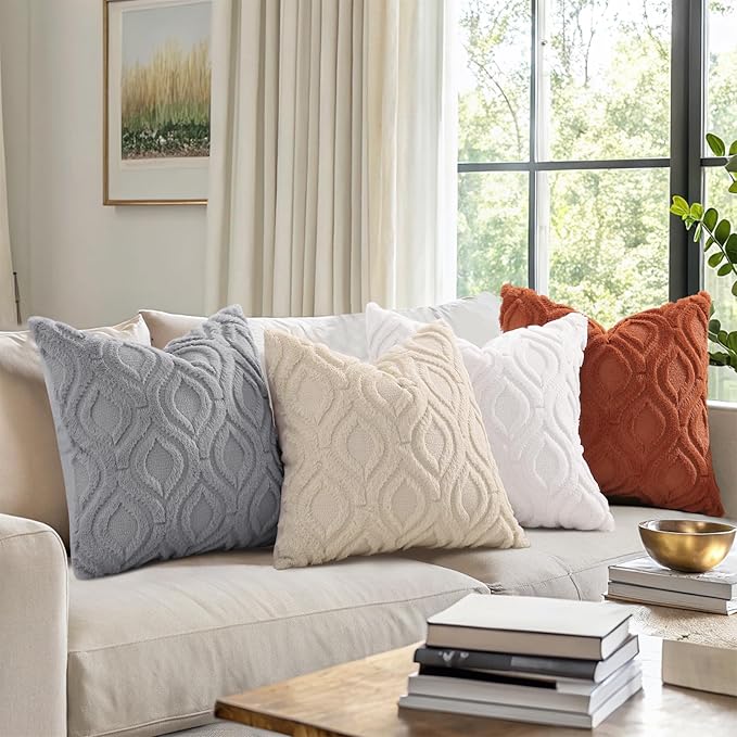 decorUhome Throw Pillow Covers 22x22 Inch Set of 2, Soft Plush Faux Wool Cream Beige Solid Couch Pillow Covers, Accent Farmhouse Neutral Square Pillow Cases for Sofa Bed Living Room