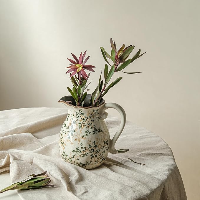 Green and White Vintage Vase with Handle, Chinoiserie Floral Pitcher Vase, Rustic Ceramic Farmhouse Vases for Home Decor, Living Room, Bookshelf, Office, Grand Millennial Decors, Tuscan Decor 7.9 Inch