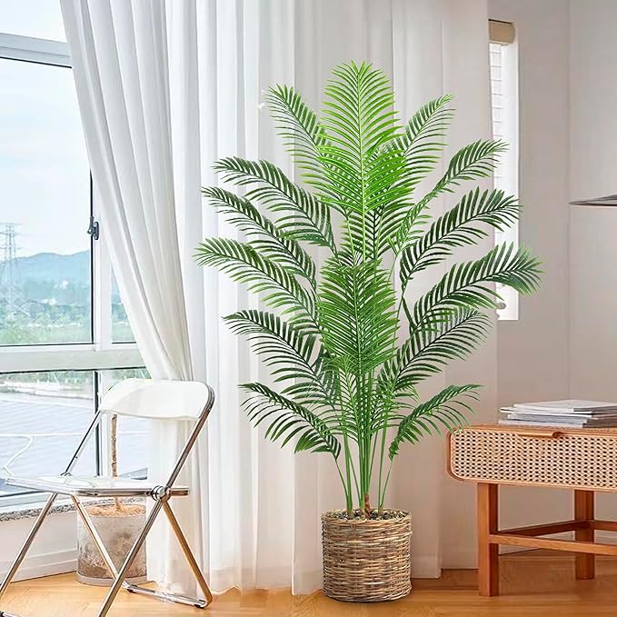 2 Pack Artificial Palm Tree 6FT Artificial Plants Indoor Tropical Fake Palm Tree Areca Floor Plant in Black Pot with 18 Trunks & Real Bark Design, Faux Palm Plant for Outdoor Patio Home Office Decor