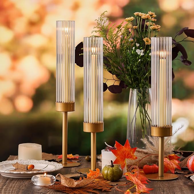 Volens Hurricane Glass Candle Holders Gold: Set of 6 Taper Candle Holders with Ribbed Cylinder 11'' Tall Windproof Chimney Cover for Outdoor/Indoor Table Centerpiece Wedding Party Home Decor