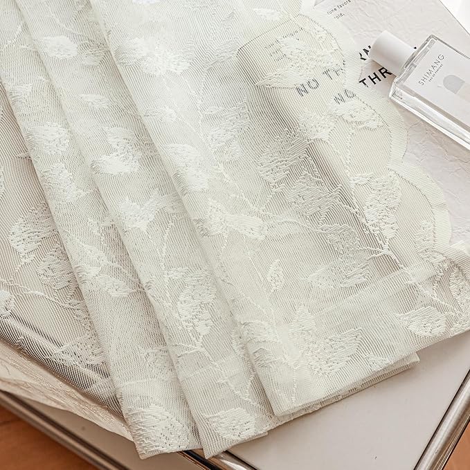 96-Inch Ivory Lace Sheer Curtains – Vintage Leaves Pattern Lace for Bedroom/Living Room, Light Filtering Rod Pocket Drapes, Privacy Chic Window Treatments, 52W x 96L Inch, 2-Panel Set