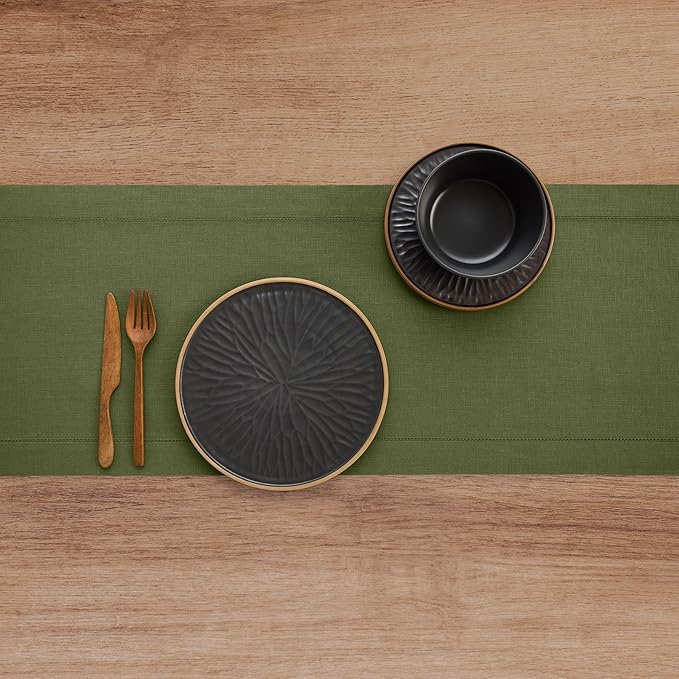 Solino Home Linen Olive Table Runner 132 Inches Long - 100% Pure Linen Extra Long Table Runner 14 x 132 Inch for St Patricks Day - Classic Hemstitch