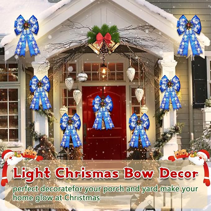 2 Pcs Pre-Light Christmas Decorative Bows for Wreath, 20 X 12” Large Christmas Tree Topper Bow with Bells, Berry, Pine Cones, 40 LED Silver Snowflake Ornament Bow for Indoor/Outdoor- Blue