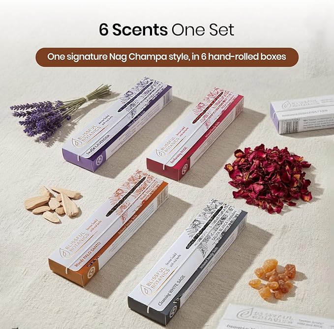Tulasi Smudge Incense Sticks Gift Pack – 6 Scents x 40g Each – White Sage, Palo Santo, Lavender, Frankincense, Sandalwood, Rose - 48 Natural Herbal Incense for Yoga, Meditation, Thanks Giving