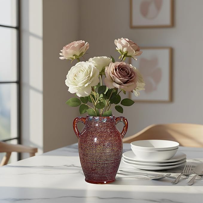 Sunddo Brown Ceramic Vase 8 Inch - Rustic Decorative Flower Vase with 2 Handles, Farmhouse Decor, Bedroom, Bathroom, Bookshelf, Mantel, Living Room Decor