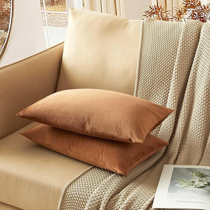 JUSPURBET 14x24 Throw Pillow Covers Set of 2 Decorative Pillow Covers for Couch Sofa Bed Cozy Velvet Lumbar Cushion Covers Cases with Invisible Zipper for Living Room Home Decor,Mocha Mousse