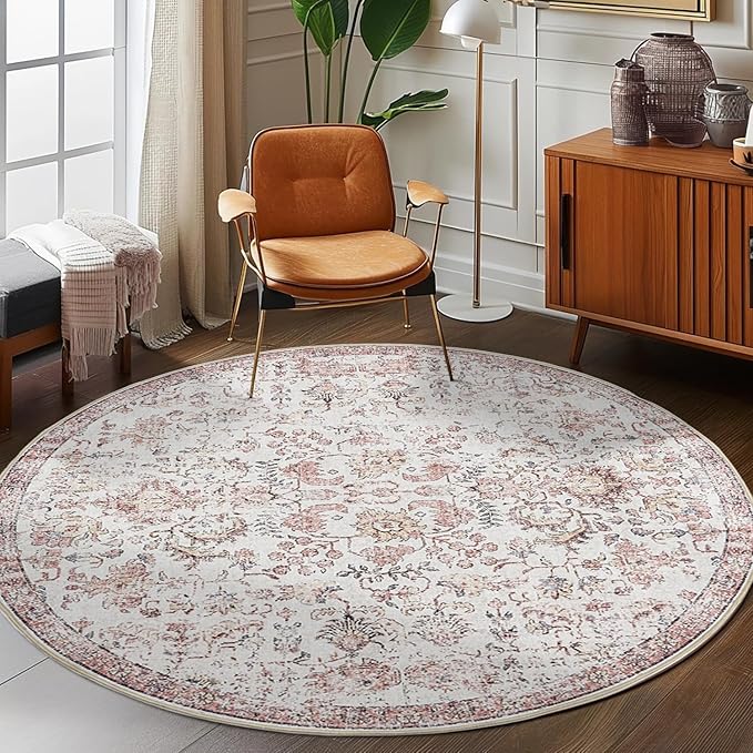 jinchan Kalen Round Rug 6ft Area Rug Washable Vintage Indoor Retro Accent Floor Cover Distressed Floral 6' Round Circle Boho Non Slip Thin Carpet for Living Room Dining Room Bedroom Kitchen Red