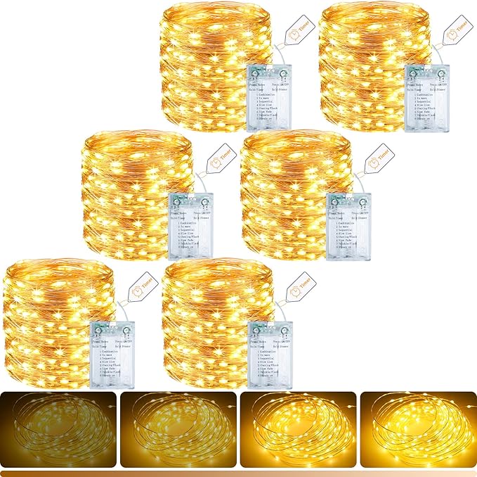 6-Pack 33FT 100 LED Fairy Lights Battery Operated with Timer, Twinkle Lights Indoor Outdoor 8 Modes for Bedroom Centerpiece Patio Jar Party Christmas Decoration Warm White
