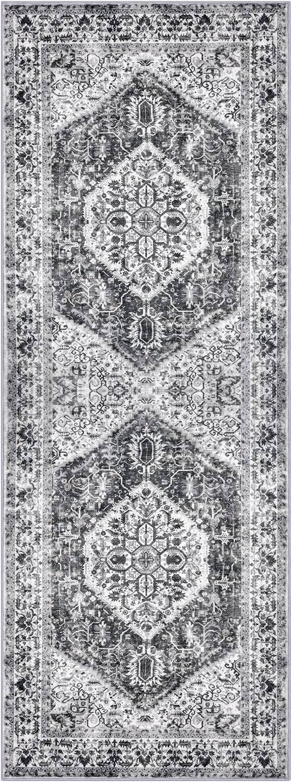 KOZYFLY Runners for Hallways 3x8 Ft Washable Kitchen Runner Rug Boho Runner Rug for Entryway Indoor Printed Faux Wool Floor Carpet for Bedroom Kitchen Hall, Grey