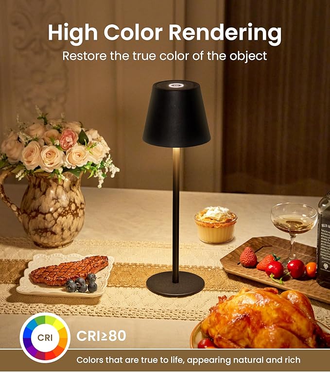 Cordless Table Lamp, Portable Battery Operated Lamp with 3 Color Temps and Stepless Dimming, Rechargeable Table Lamp for Dinner, Desk, Cafe, Outdoor (Black)