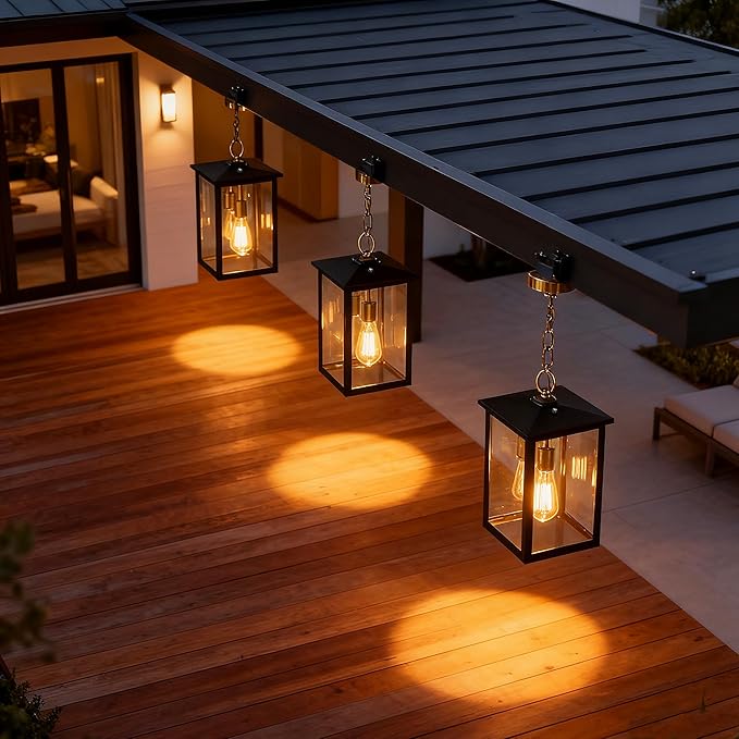 17IN Large Dusk to Dawn Outdoor Pendant Light 3-Light, Modern Black Metal Outside Chandelier Exterior Hanging Fixture Ceiling Mount with Clear Glass for Front Porch Entrance Entryway