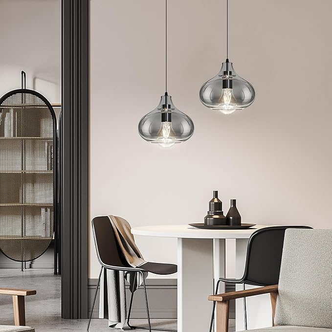 Mini Smoke Gray Glass Pendant Light, Suitable for Accent Lighting Over Cozy Spaces, Kitchen Nooks & Bedside, Includes 2 LED Bulbs & Adjustable Cord(7.1in, 3-Pack)