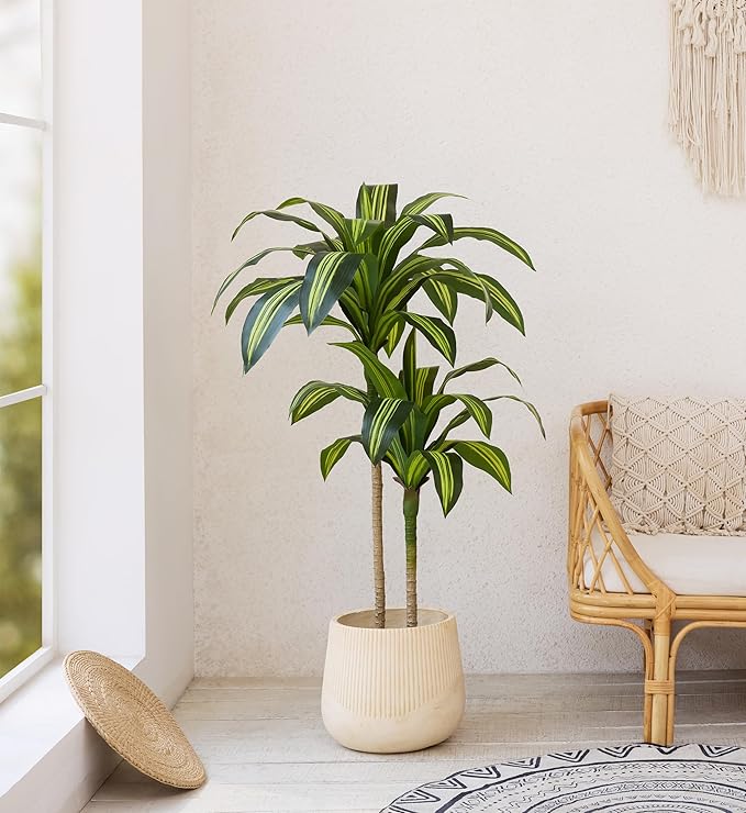 Artificial Dracaena Tree 4FT - Tall Faux Floor Plant with UV-Resistant,Artificial Plants with Lifelike Leaves,Potted Fake Trees for Home, Living Room,Indoor & Outdoor Decor,VN123(Yellow)