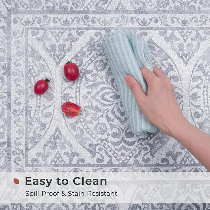 FRESHMINT 2 Piece Set Boho Kitchen Mats for Floor Bohemian Distressed Anti Fatigue Kitchen Rugs Vintage Farmhouse Cushioned Kitchen Runners for Standing Waterproof & Non-Skid Comfort, Gray