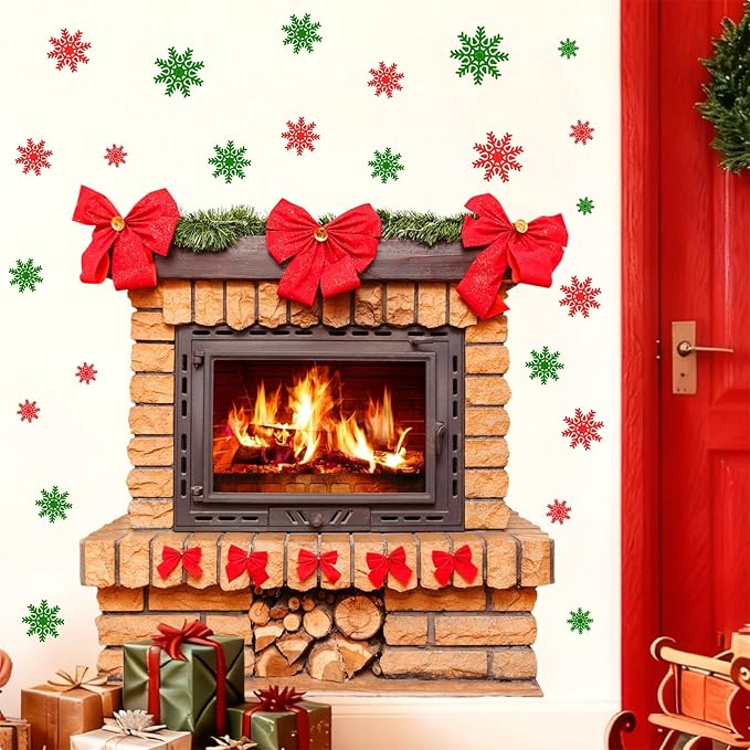 Large Christmas Wall Stickers Christmas Wall Decoration Vinyl Decals Realistic Bow Fireplace Decal for Walls Peel and Stick Indoor Snowflakes Xmas Art Murals for Living Room Holiday Party Supplies