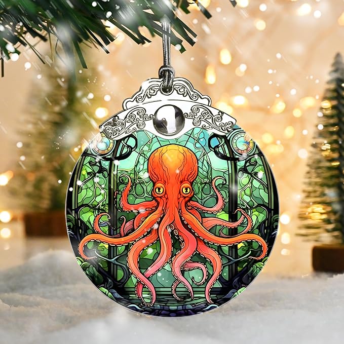 Stained Glass Christmas Ornament, Jocidea Octopus Christmas Decorations, Christmas Tree Ornament, Octopus Lovers Gifts, Holiday Decor and Xmas Gifts Ideas