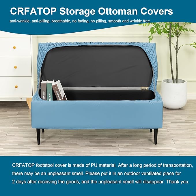 CRFATOP Waterproof PU Ottoman Stool Cover Stretch Folding Storage Footstool Bench Slipcovers Upholstered Foot Chest Chair Covers Washable Entryway Furniture Protector with Elastic Bands,S,Blue