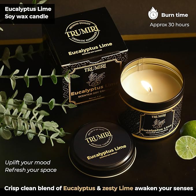 Eucalyptus Candle with Lime Strong Scented Soy Candel Clean Non Toxic Velas Aromáticas for Home Pack of 1 Gift for Fall Christmas Holidays