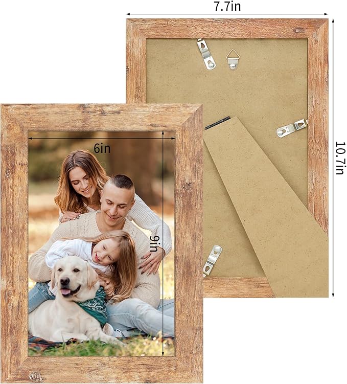 iRahmen 6x9 Picture Frame Set of 4, High Definition Real Glass Rustic Brown Frame, 6 x 9 Wood Photo Frames for Tabletop Display and Wall Mounting