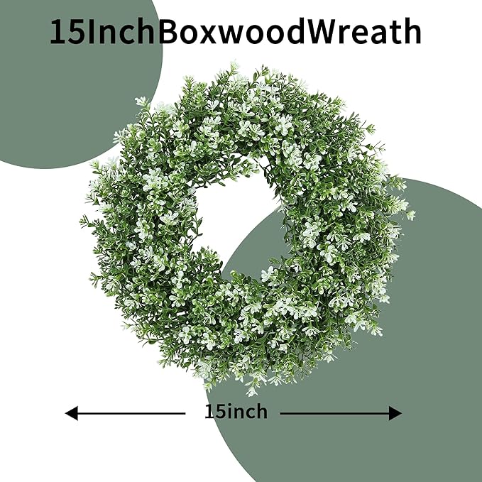 15inch Boxwood Wreath,Artificial Boxwood Wreath for Front Door, Spring Summer Greenery Wreaths for Front Door Farmhouse Wedding Green Year Round Indoor Outdoor
