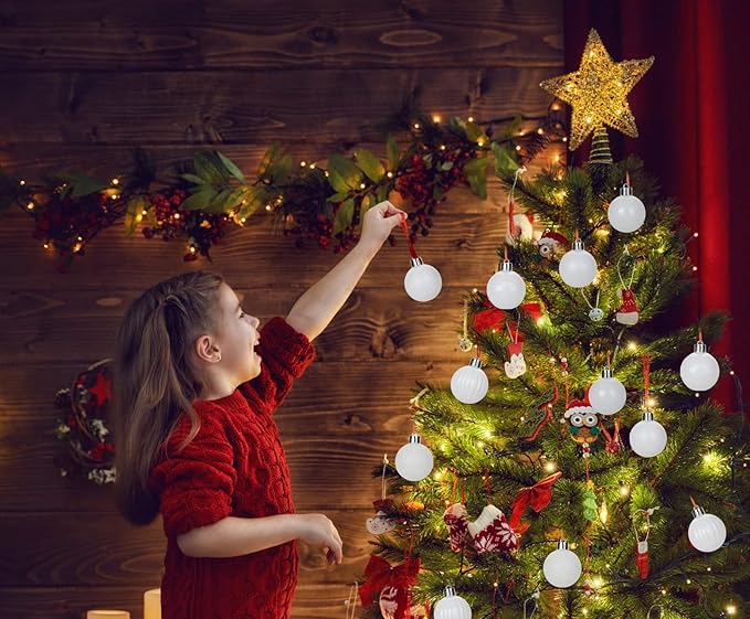 Hollyone 1.57" Pearl-White Christmas Ornaments - 36 Pcs Mini Shatterproof Plastic Christmas Tree Decorations with Hanging Loop