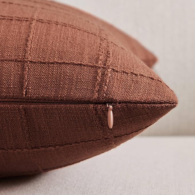 ZeeMart Linen Checked Lumbar Throw Pillow Covers Set of 2, 12x20 Inch Allover Grid Terracota, Farmhouse Decorative Double Sided Grid Embroidered Couch Pillow Cases Rust Cotton Linen Cushion Covers