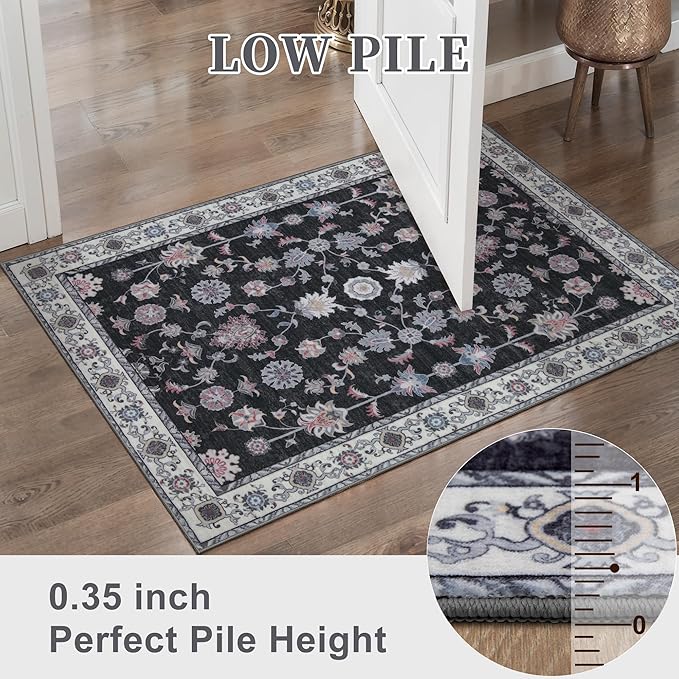 Tangsoo Floral Area Rug 4x6 Machine Washable Rug Non-Slip Vintage Distressed Boho Print, Low Pile Carpet for Living Room, Bedroom, Dining Room, Pet & Child Friendly (Room Decor)