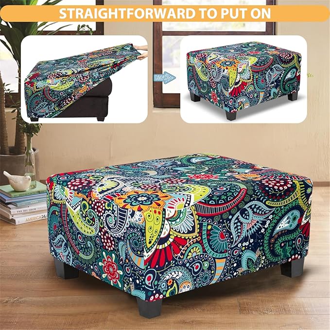Ottoman Cover Rectangle Printed,Stretch Slipcover for Rectangular Footstool,Soft Fabric with Non-Slip Elastic Bottom,Furniture Protector for Living Room or Bedroom,X-Large,Navy & Green