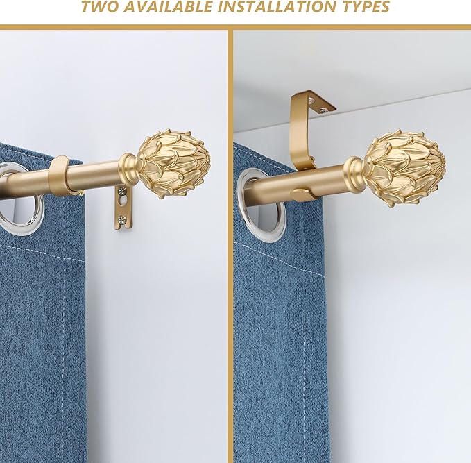Curtain Rods for Windows 48 to 84 Inches 1 Inch Diameter Adjustable Drapery Rod Decorative Single Window Curtain Rods with Classic Finials,Gold