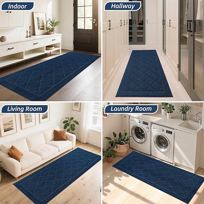 BEQHAUSE Dirt Trapper Door Mat 32" x 72", Doormat Non-Slip Entryway Rugs Washable, Dog Door Mat Stain Resistant and Absorbent Welcome Floor Mat for Front Back Door, Muddy Wet Shoes & Paws, Navy Blue