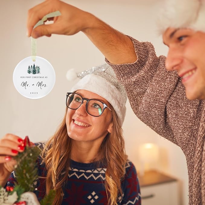 First Christmas as Mr and Mrs Ornament 2025,1st Year Wedding Ornament for Newlywed,Our First Married Christmas Ornament,Ceramic Hanging Decoration for Couples Just Married with Gift Box&Ribbon (2.9"