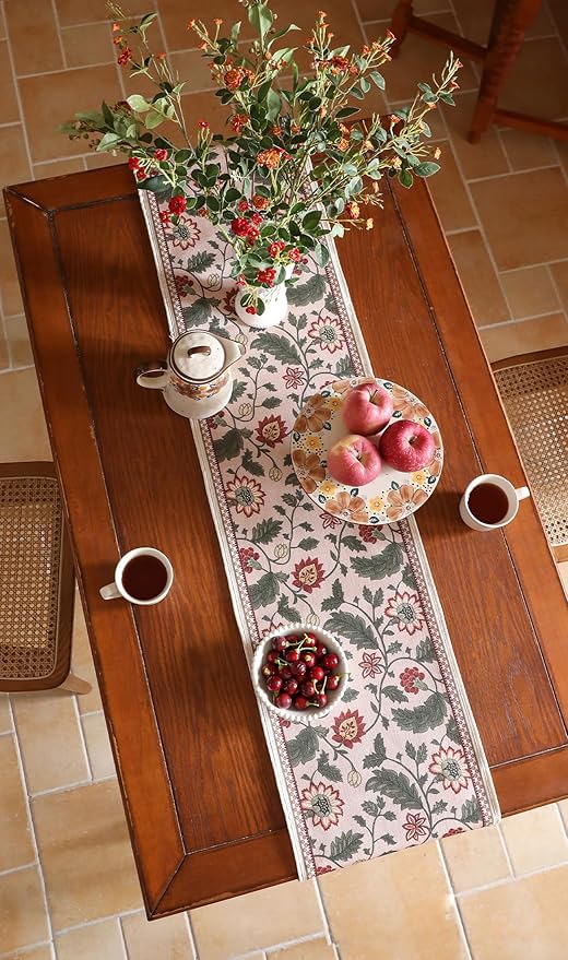 ISAENNE Designer Provence Elegant Linen Table Runner 71 Inches Long,Flower and Leaves Pattern Durable Table Runners for Dining Tables,Thanksgiving,Kitchen Tables,Christmas,12"*71"-Ratina