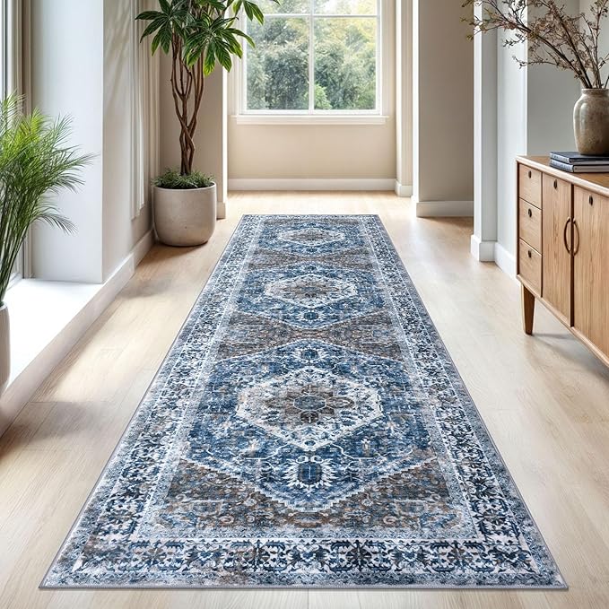 KOZYFLY Long Runners for Hallways 3x10 Ft Washable Kitchen Runner Rug Boho Runner Rug for Entryway Indoor Blue Printed Oriental Faux Wool Stair Floor Carpet Runner for Stair Kitchen Hall