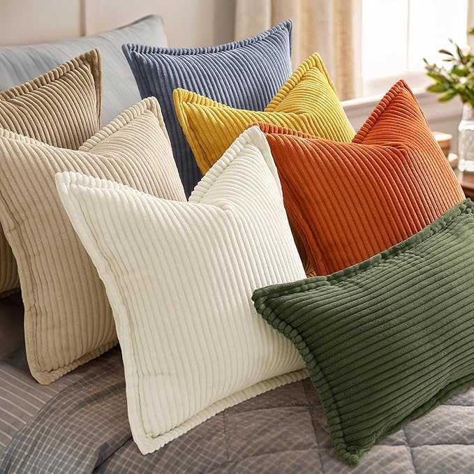 decorUhome Christmas Corduroy Olive Green Throw Pillow Covers 12x20 Set of 2 Decorative Soft Boho Farmhouse Lumbar Euro Couch Pillow Covers for Living Room Bed Sofa Broadside Striped Pillow Cases