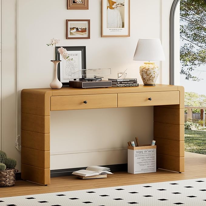 Unique Curved Console Table with 2 Top Drawers, Versatile 55'' Long Accent Entryway Table Sofa Table for Entrance, Hallway, Dinning Room, Living Room (Natural-2.25)