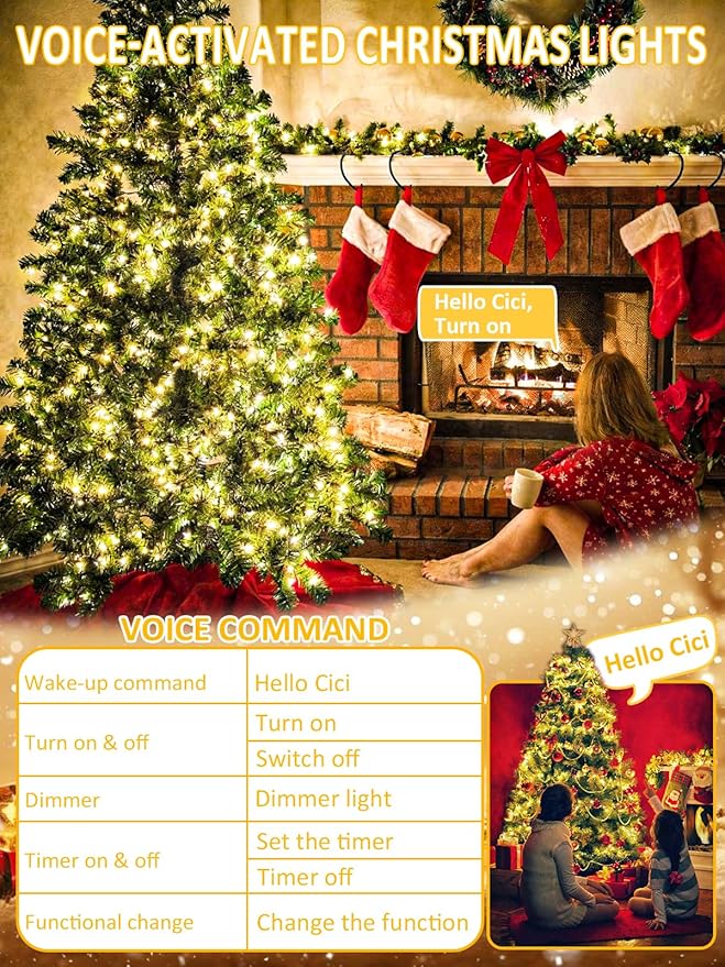 Smart Christmas Lights With Voice Control Indoor Outdoor, Clear Wire 66Ft 200 LED String Lights, Dimmable 12Modes Twinkle Fairy String Light Waterproof for Xmas Tree Wedding Party Bedroom (Warm White)