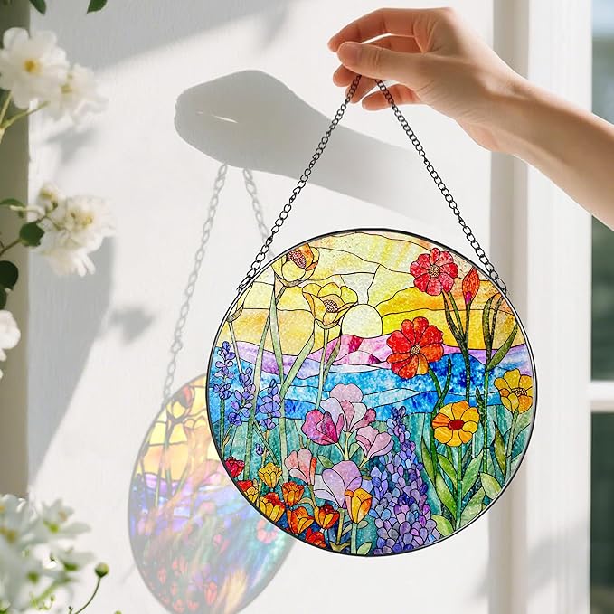 8-Inch Stained Glass Ornament, Stained Glass Window Hanging, Window Hanging Decor, Suncatcher Home Decor, Wildflowers Ornament | Mother's Day, Birthday, Christmas, Housewarming Gifts