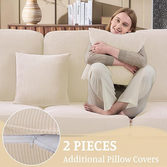Sectional Couch Covers for Sofa Cushion L Shaped Couch Cover Washable Soft Couch Cushion Covers Stretch Sofa Slipcovers with 2 Pcs Pillowcases(3-Piece 2 Seater + 1 Chaise, Natural)