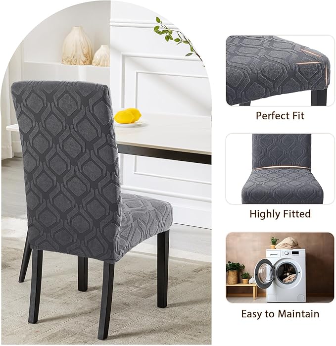 SearchI Dining Room Chair Covers Set of 4, Stretch Jacquard Parsons Chair Slipcovers Spandex Removable Washable Kitchen Chair Protector Cover for Dining Room, Hotel, Ceremony (Grey)