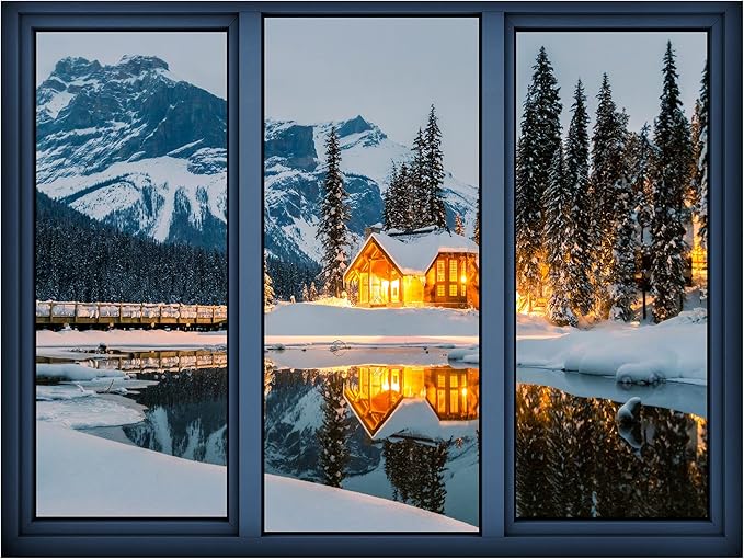 SIGNWIN Removable Wall Sticker/Wall Mural Window View Winter Snowy Christmas Cottage Nature Wilderness Photography Realism Decorative Landscape Digital Art for Living Room, Bedroom, Office - 36"x48"