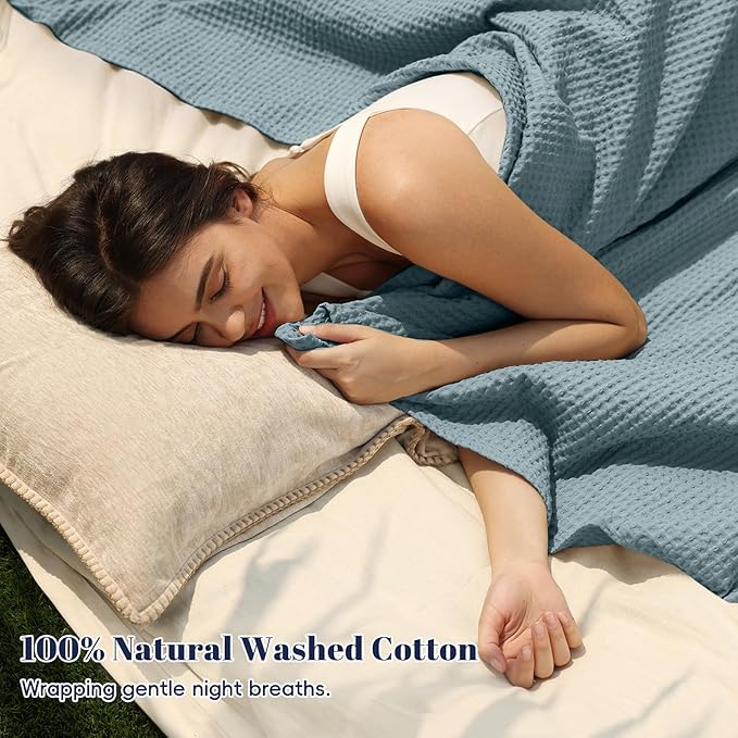 PHF 100% Cotton Waffle Weave Blanket King Size for Bed,Snag Proof Lightweight Breathable Moisture-Wicking Throw for Couch,Great for Layering in Cold Weather,Machine Washable,Home Decor Gift-Ocean