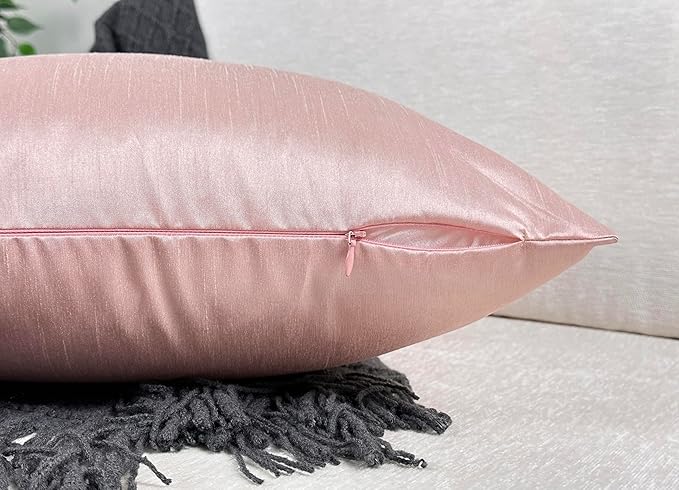 Aiking Home 12x24 Inches Faux Silk Rectangular Throw Pillow Cover, Zipper Closure, Rose Pink (Set of 2)